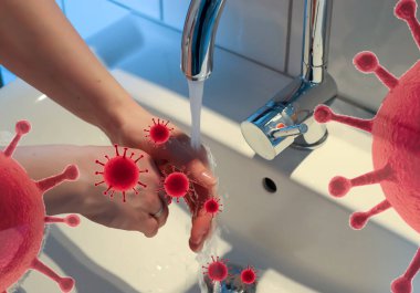 Coronavirus 2019-ncov salgını için sabun önleyicisiyle ellerini temizleme ve yıkama
