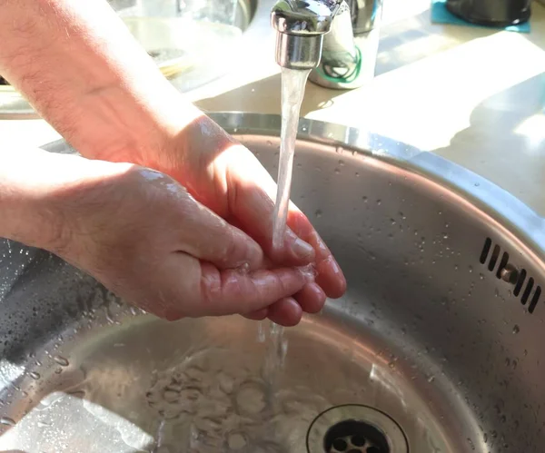 Male Washing Hands Soap Man Prevention Stop Spreading Corona Virus — Stock Photo, Image