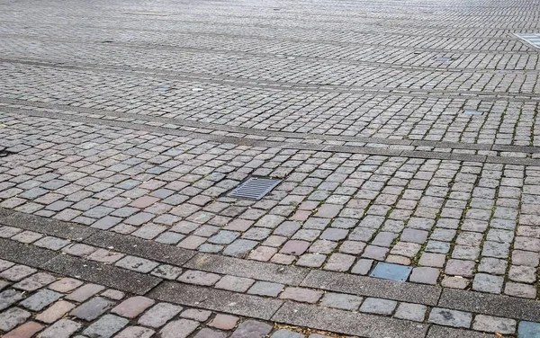 Detaillierte Nahaufnahme Historischer Kopfsteinpflasterstraßen Und Gehwege Urbanen Gebieten Deutschlands — Stockfoto