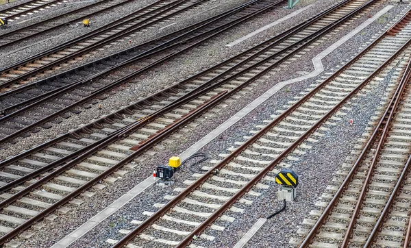 Flera Järnvägsspår Med Korsningar Vid Järnvägsstation Ett Perspektiv — Stockfoto