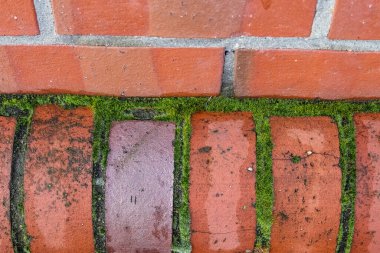 Kırmızı tuğla duvar. Eski yıpranmış kırmızı tuğla duvar panoramik zemin.