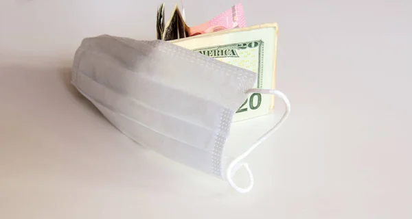 Medical Mask Protects Bundle Currency White Background Concept Sanctions Protection — 스톡 사진