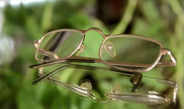 Golden Rimmed Glasses Lie Mirror Green Summer Background Concept Leisure — Stock Photo, Image