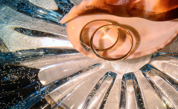 Schelp Zitten Gouden Trouwringen Zeewater Concept Verloving Huwelijk Aan Zee — Stockfoto