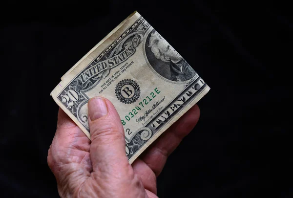 Hands Old Woman Dollar Bills Black Background Concept Survive Retirement — Stock Photo, Image