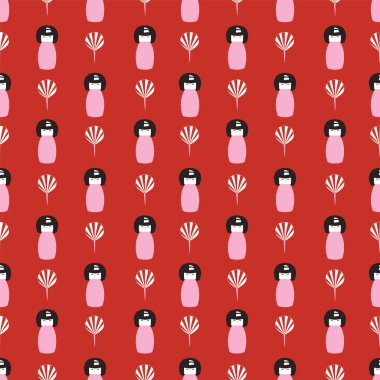 Japon Kokeshi bebekleri ve katlanan pervaneler kusursuz vektör deseni. Düz grafik tarzında arka plan tasarımı. Vektör