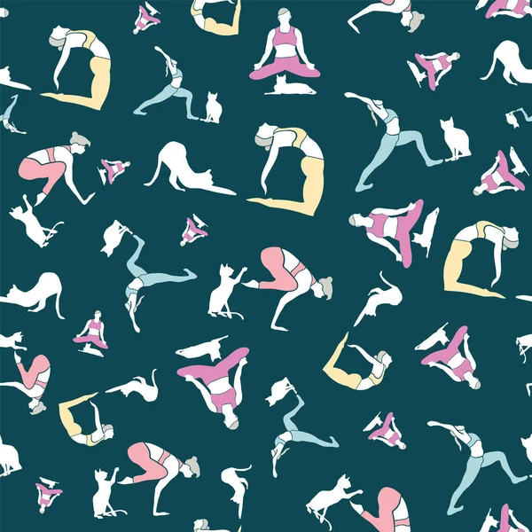 Yoga mönster kvinna och katt silhuetter. Sömlös upprepa bakgrund design tryck i en grafisk stil. — Stock vektor