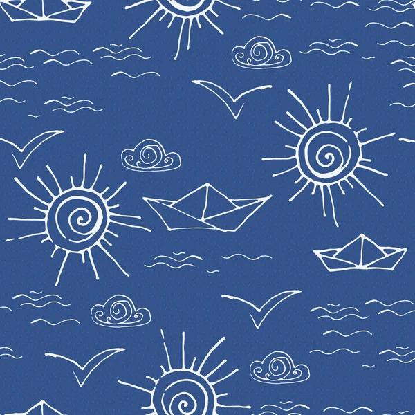 Seamless Blue Sea Doodle Pattern — 스톡 벡터