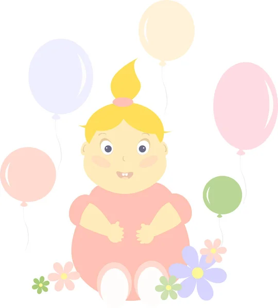 Ilustración Vectorial Una Niña Con Flores Globos — Archivo Imágenes Vectoriales