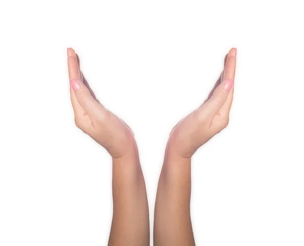 Frauenhände Mit Pastellrosa Maniküre Auf Weißem Hintergrund Horizontale Farbfotografie — Stockfoto