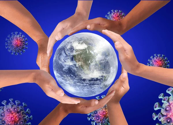 Conceptual Symbol Multiracial Human Hands Making Circle Background Coronavirus 2019 — Stock Photo, Image