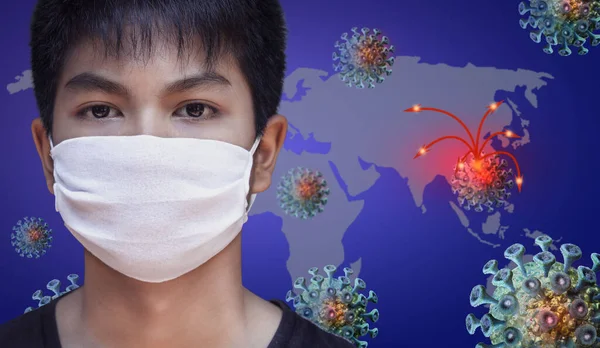 Coronavirus 2019-nCov novel coronavirus concept resposible for  flu outbreak and coronaviruses. masked man on the background of the city in smog, the concept of the epidemic of the virus in China