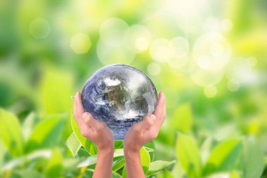 Dünya Elinde ve Bulanık Güzel Bokeh Bahçe Arka Plan . Gönüllü ellerde ağaç dikme ve yeşil toprak ile Dünya çevre günü kavramı. Nasa tarafından döşenmiş görüntünün unsuru