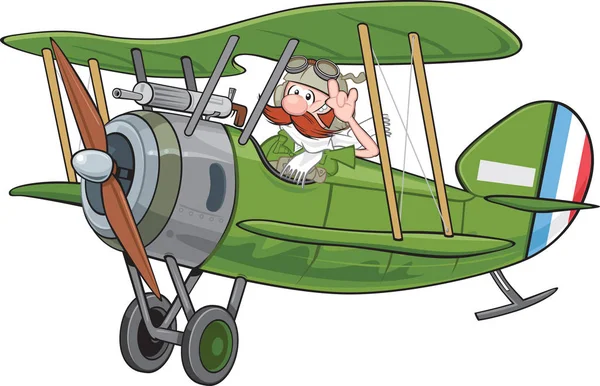 Um biplano de desenhos animados e piloto — Vetor de Stock