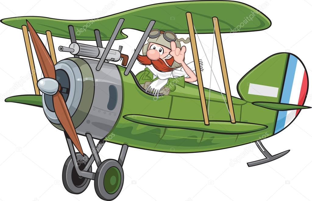 A cartoon biplane and pilot