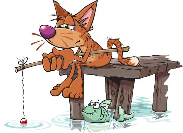 Chat dessin animé avec une ligne de pêche — Image vectorielle