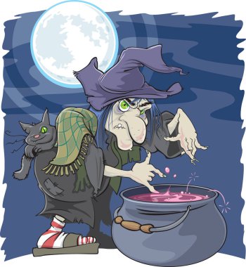 Yaşlı bir cadı ve onu kazan bir karikatür çizimi