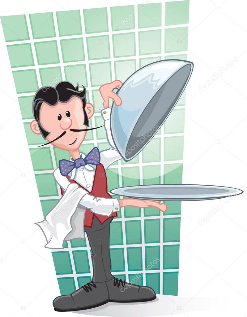 Cartoon character of a waiter serving