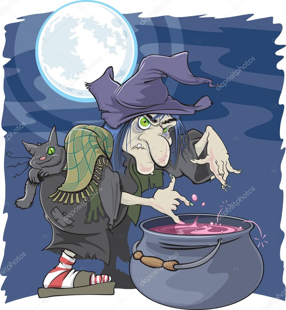 A cartoon illustration of an old Witch and her cauldron