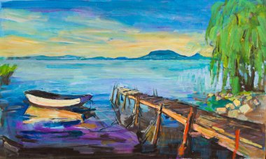 Painting of pier and wooden boat on Balaton lake. clipart