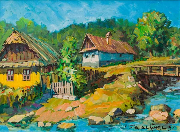 トランシルヴァニアの村の風景アート農民住宅近くに橋 ストリームし 森の絵画 — ストック写真