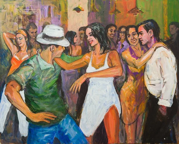 Artistic Work Painting Representing Salsa Bachata Dancing Croud Night Entertainment — Stock Photo, Image