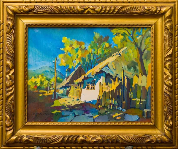 Stylishly Frame Painting Old Transylvanian Buildings Cobblestone Road Стоковое Изображение