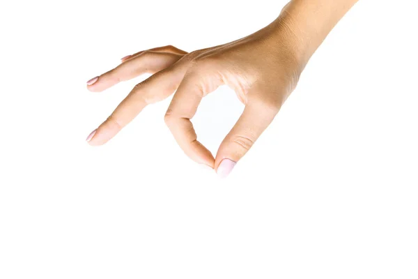 Vrouwelijke hand met een virtuele kaart met je vingers op een witte achtergrond — Stockfoto