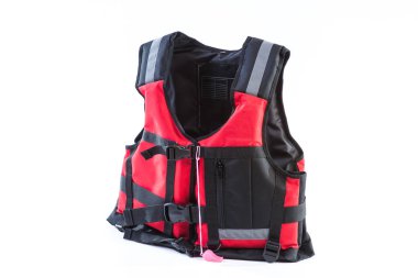 Kırmızı can yeleği beyaz arka planda, yelek açık, izole