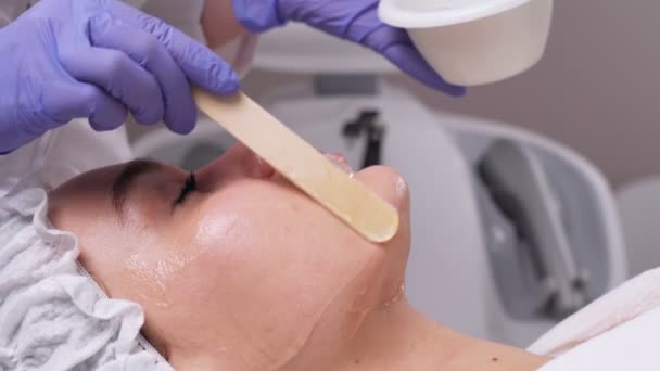 Cosmetologo sta applicando maschera sulle donne viso, collo e seno utilizzando pennello in clinica di bellezza, vista laterale. Estetista fare la procedura di cura della pelle. Medici mani e pazienti faccia. Spa in cosmetologia . — Video Stock