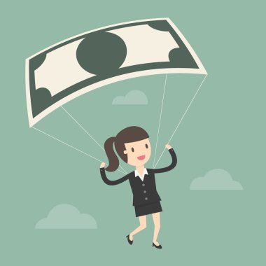 Banknot bir paraşüt kullanarak iş kadını.