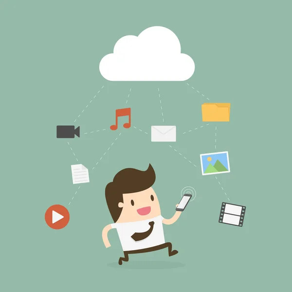 Geschäftsmann nutzt Handy mit Cloud und Mediensymbol. — Stockvektor