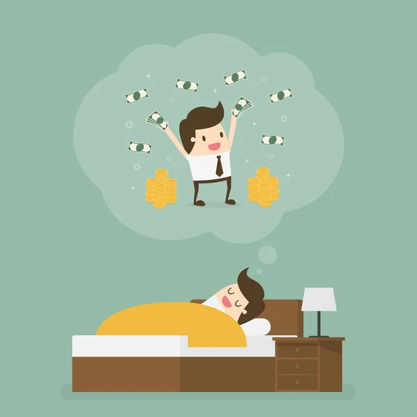 Hombre dormido soñando con un montón de dinero . — Vector de stock