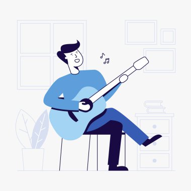 Oturma odasında gitar çalan genç adamın vektör çizimi.