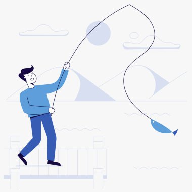 Gölde balık tutan genç adamın vektör illüstrasyonu. 