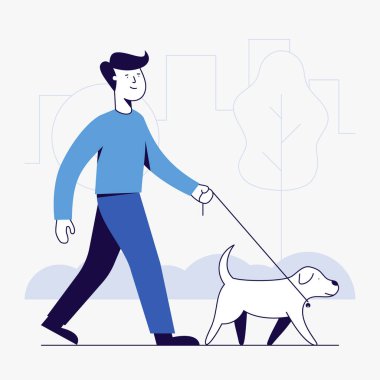 Parkta yürüyen genç adam ve köpeğin vektör çizimi.