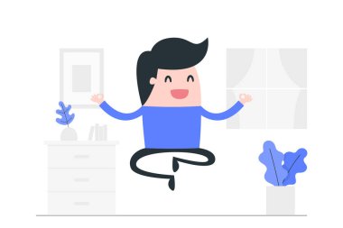 Genç, neşeli adam meditasyon yapıyor. Resim kavramını göster.