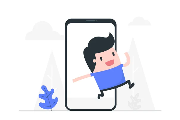 Een Jongeman Die Uit Een Smartphone Springt Bedrijfsconcept Illustratie — Stockvector