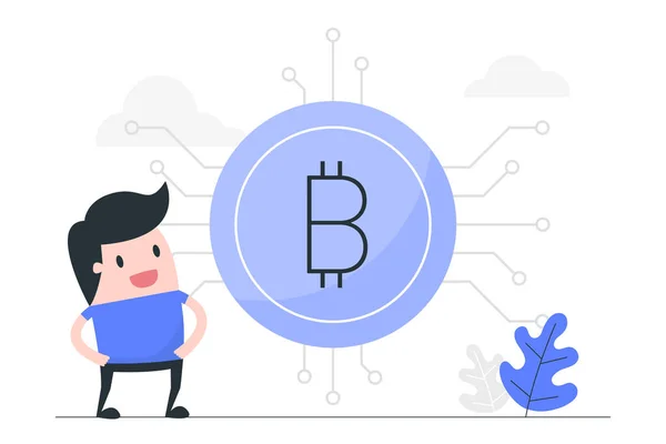 Jeune Homme Avec Bitcoin Énorme Illustration Concept Entreprise — Image vectorielle