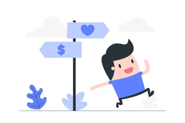 Joven Eligiendo Entre Amor Dinero Ilustración Del Concepto Empresarial — Vector de stock