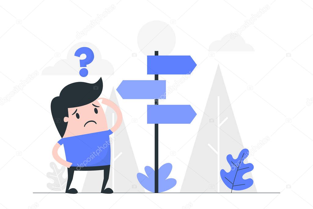 Confused man with crossroad signpost. Business concept illustration.