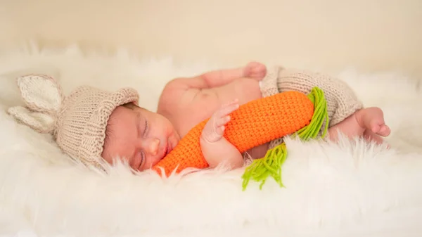 Newborn His Bunny Costume Sleeps — Stock Photo, Image