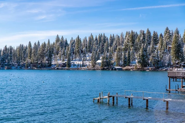 Lake Tahoe Nevada California Panorama Pontoon Mooring Boats Winter Houses — Stock Photo, Image