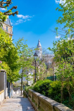 Paris, Montmartre, romantik patika, arka planda Sacre-Coeur bazilikası