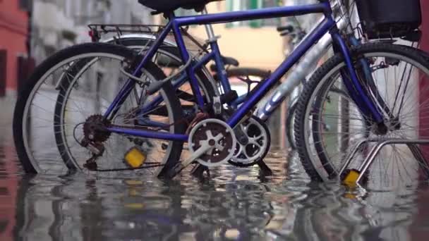 Ποδήλατα στον πλημμυρισμένο δρόμο της πόλης — Αρχείο Βίντεο