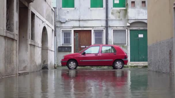 Rotes Auto mitten in der überfluteten Stadtstraße — Stockvideo