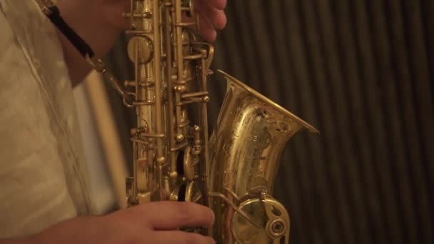 Boy plays the saxophone with his hands — Stock Video