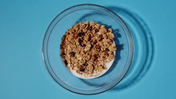 Plate with cereals fills with milk — Stock Video