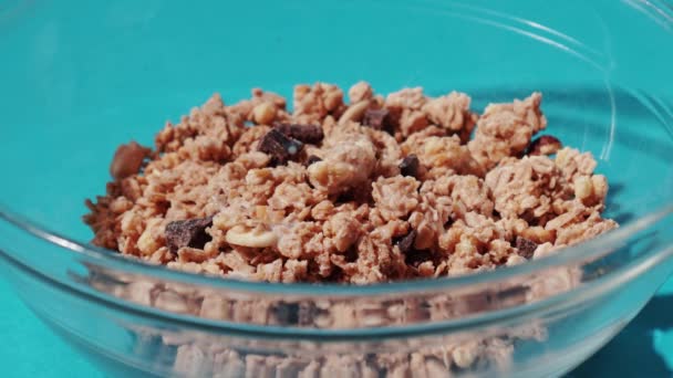 Plate with cereals fills with milk — Stock Video