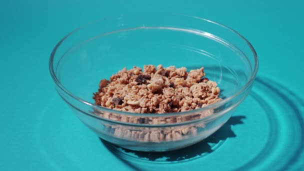 Plate with cereals fills with milk — Stock Video
